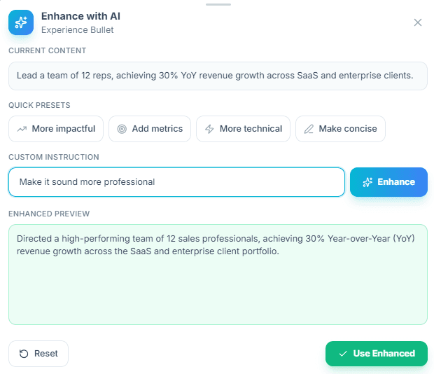 AI enhancer with quick presets and custom instructions