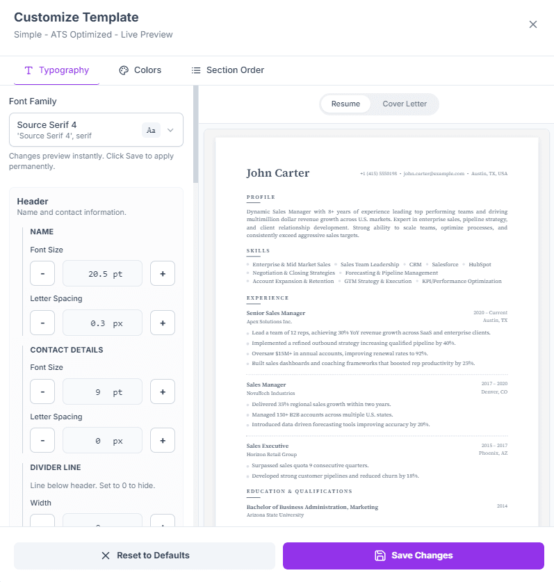 Template customizer with typography, colors, and section ordering